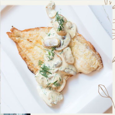 Pan-fried plaice with mushroom sauce