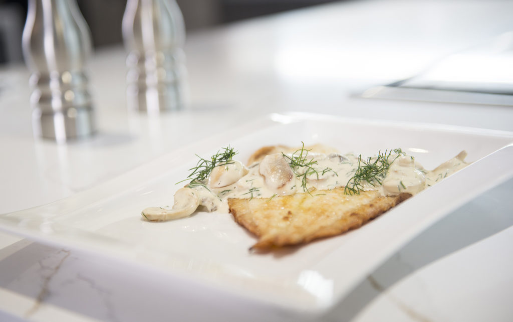 Pan Fried Plaice with a Creamy Mushroom Sauce and Roasted Tenderstem Broccoli
