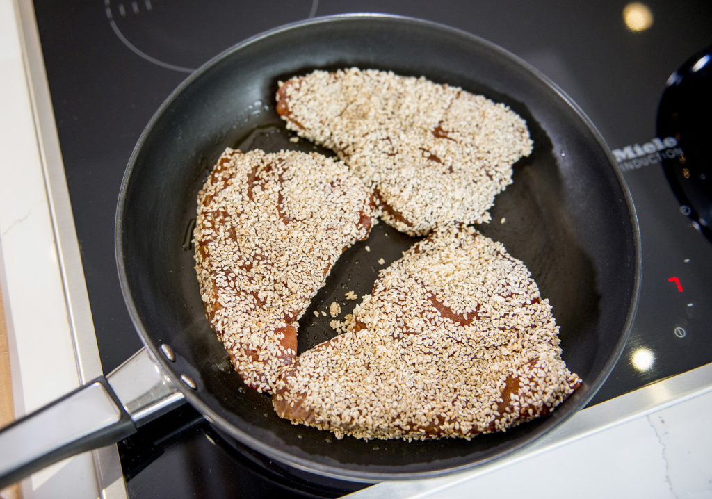 sesame crusted tuna served with peas and onions recipe home cooking with julie neville1