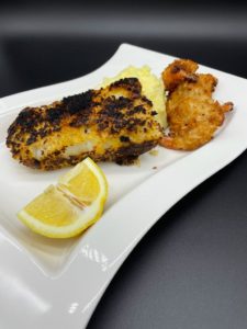 Crispy cod served with cheesy cauliflower mash recipe by home cooking with julie neville1