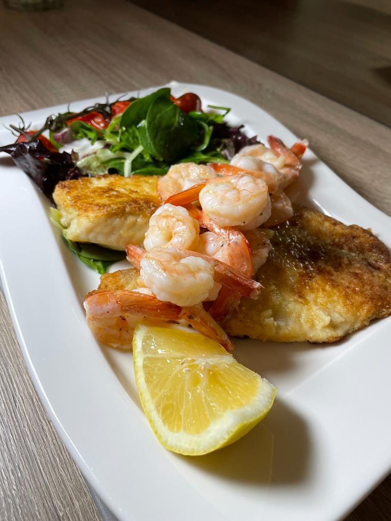 Pan fried tilapia with butter sautéed shrimp and oven roasted vine tomatoes home cooking with julie neville10