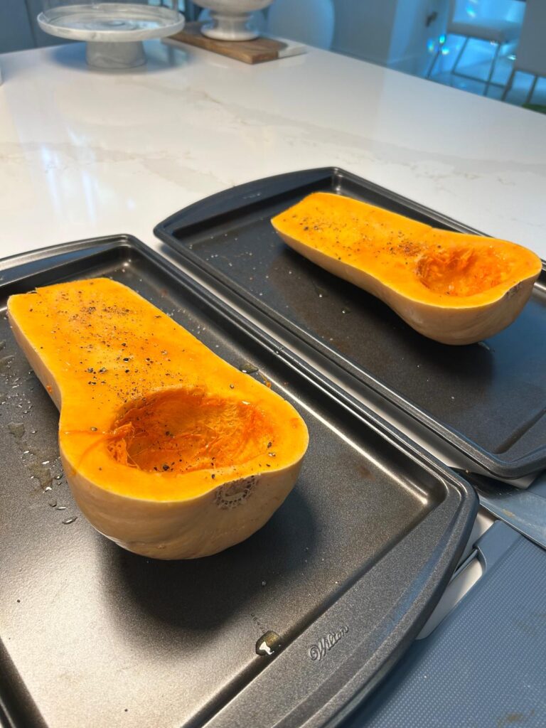 Baked Butternut Squash Topped with Chicken Alfredo