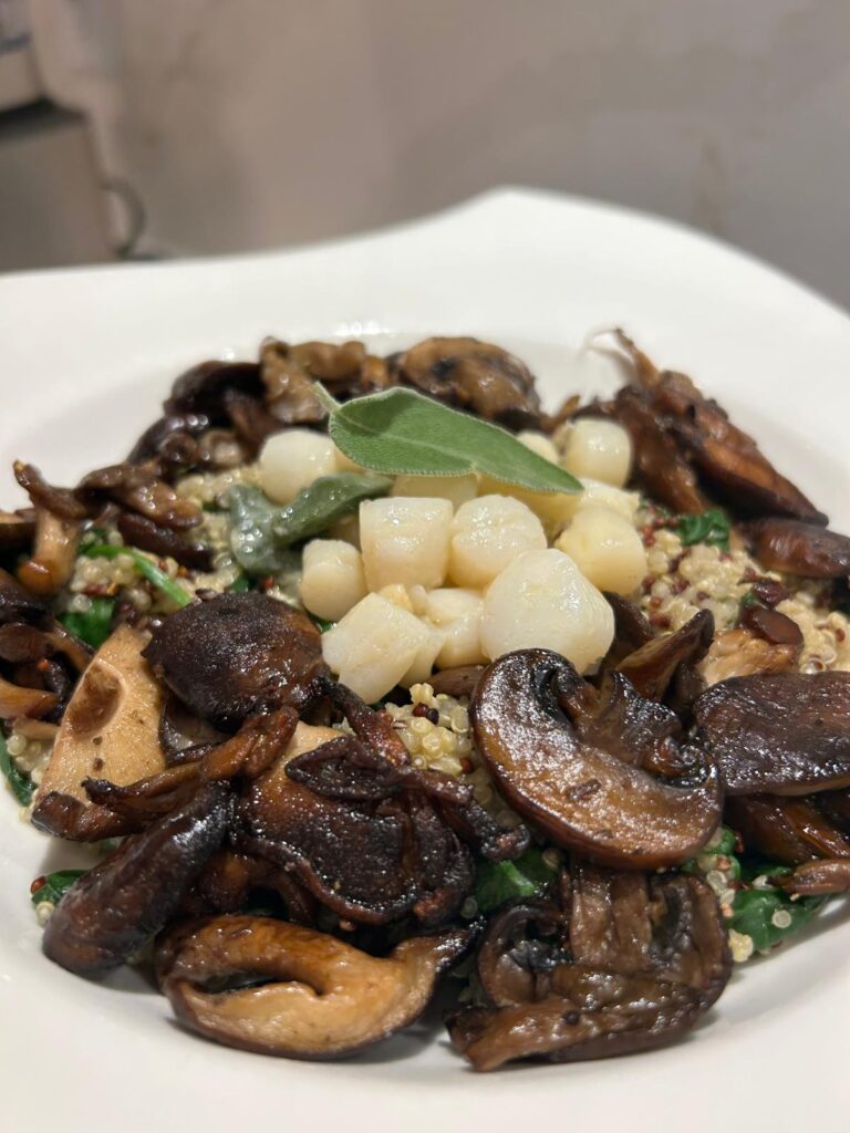 Sage and Butter Scallops with Quinoa, Spinach, and Wild Mushrooms Recipe