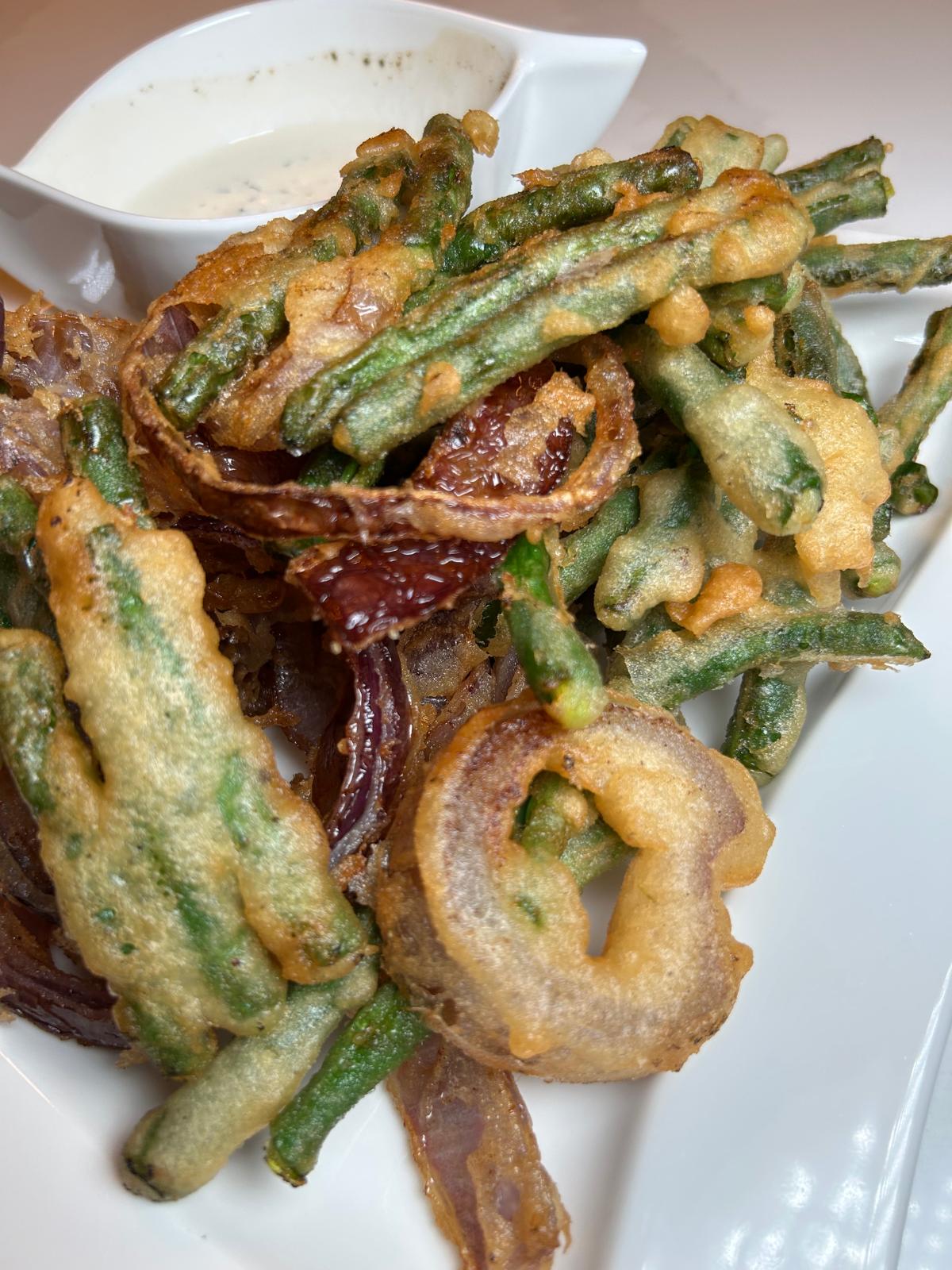 Beer battered onions and green beans