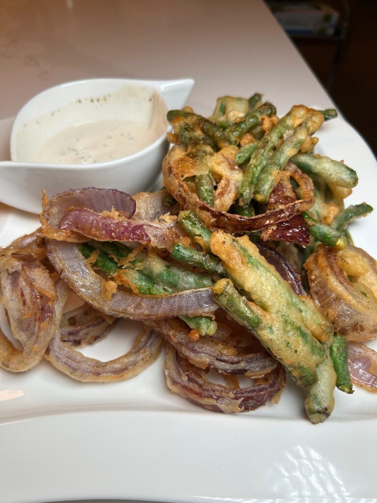 Beer battered onions and green beans