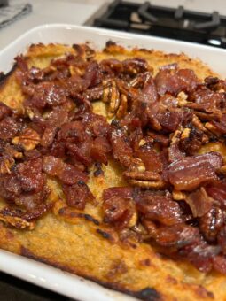 Sweet potato casserole with candied bourbon bacon and pecans